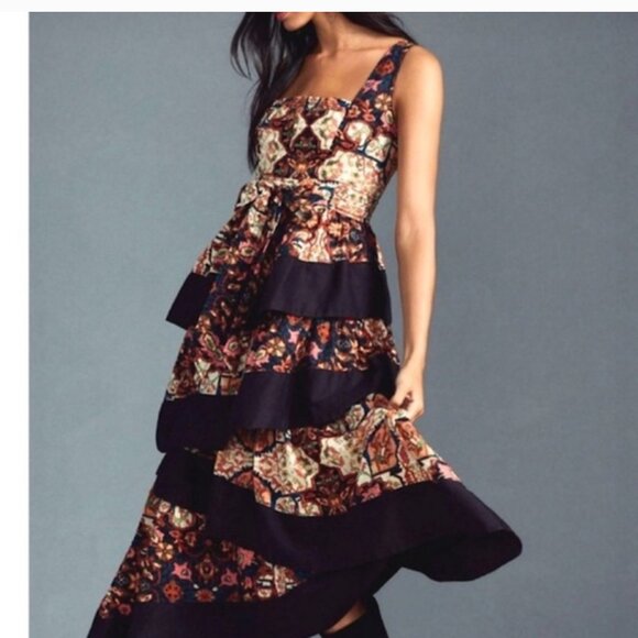 Anthropologie Square-Neck Printed Tiered Midi Dress - Picture 1 of 5
